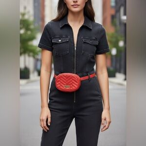 Bebe Red Quilted Belt Bag faux leather